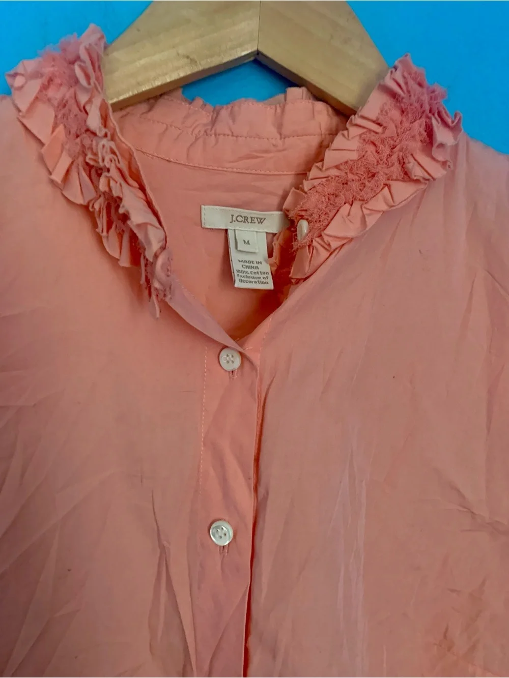 J. Crew Peach Coral Ruffle Collar 100% Cotton Long Sleeve Button Up Shirt M